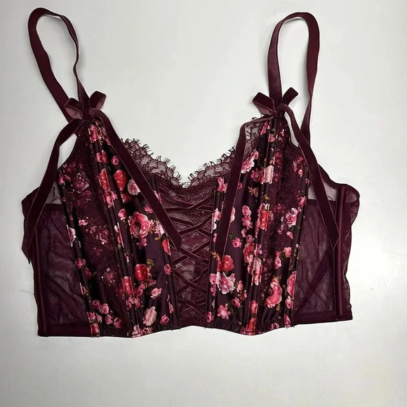 Victoria's Secret Corset Bra Top in Peony Trellis Maroon Red Floral Bows Medium - Picture 3 of 8